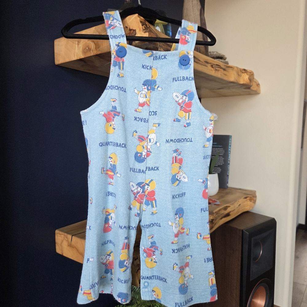 Vintage Carters Football Cartoon Print Light Blue Flare Overalls Size 12 Months
